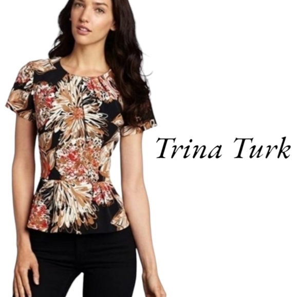 Trina Turk Tops - Trina Turk Floral Print Peplum Top - Short Sleeve, Summer Fall Office, Size XS